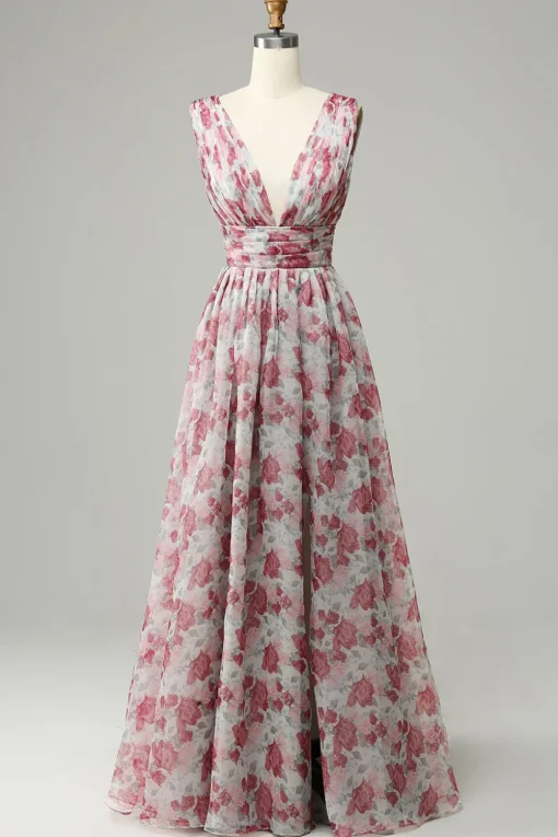 Grey and Pink Floral A Line Long Prom Dress