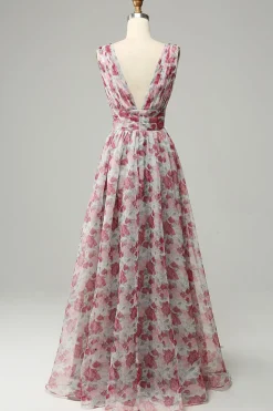 Grey and Pink Floral A Line Long Prom Dress