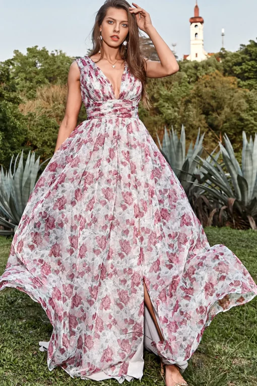 Grey and Pink Floral A Line Long Prom Dress