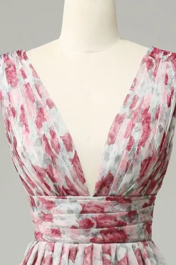 Grey and Pink Floral A Line Long Prom Dress