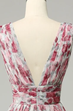 Grey and Pink Floral A Line Long Prom Dress