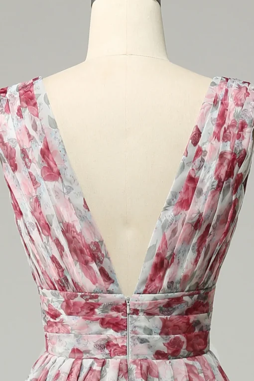 Grey and Pink Floral A Line Long Prom Dress