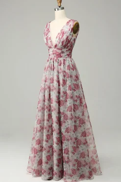 Grey and Pink Floral A Line Long Prom Dress