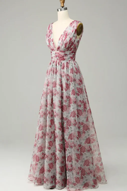 Grey and Pink Floral A Line Long Prom Dress