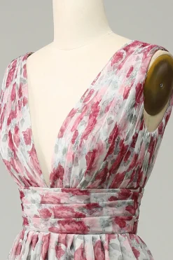 Grey and Pink Floral A Line Long Prom Dress