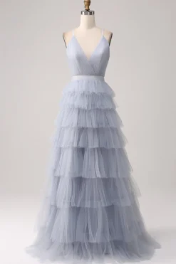 Grey Blue A Line Tiered Tulle Backless Long Prom Dress