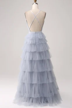 Grey Blue A Line Tiered Tulle Backless Long Prom Dress
