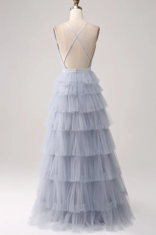 Grey Blue A Line Tiered Tulle Backless Long Prom Dress