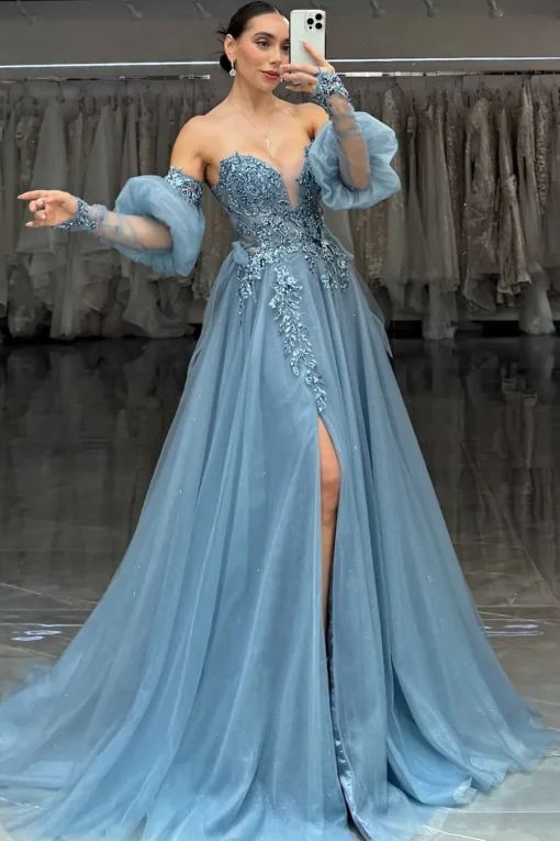 Grey Blue Appliques Sweetheart A Line Tulle Long Corset Prom Dress
