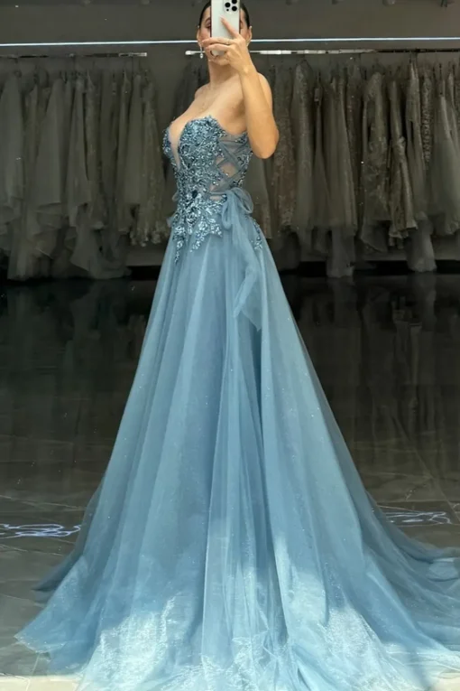 Grey Blue Appliques Sweetheart A Line Tulle Long Corset Prom Dress