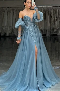 Grey Blue Appliques Sweetheart A Line Tulle Long Corset Prom Dress