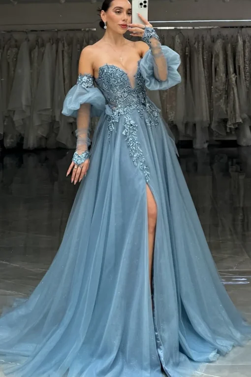 Grey Blue Appliques Sweetheart A Line Tulle Long Corset Prom Dress