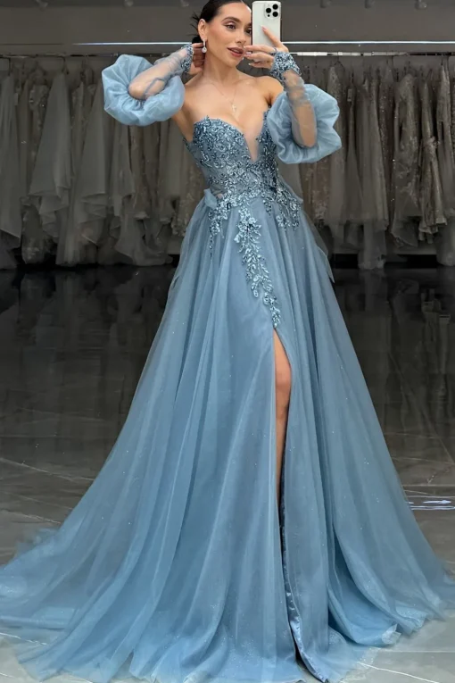 Grey Blue Appliques Sweetheart A Line Tulle Long Corset Prom Dress