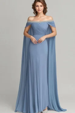 Grey Blue Chiffon Off the Shoulder Side Cape Mother of the Bride Dress