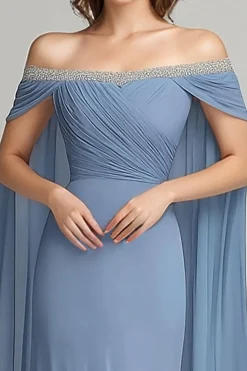 Grey Blue Chiffon Off the Shoulder Side Cape Mother of the Bride Dress