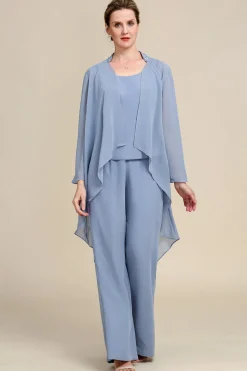 Grey Blue Long Sleeves 3 Piece Mother of the Bride Pant Suits