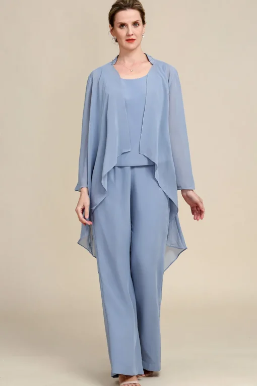 Grey Blue Long Sleeves 3 Piece Mother of the Bride Pant Suits