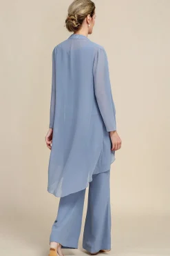 Grey Blue Long Sleeves 3 Piece Mother of the Bride Pant Suits