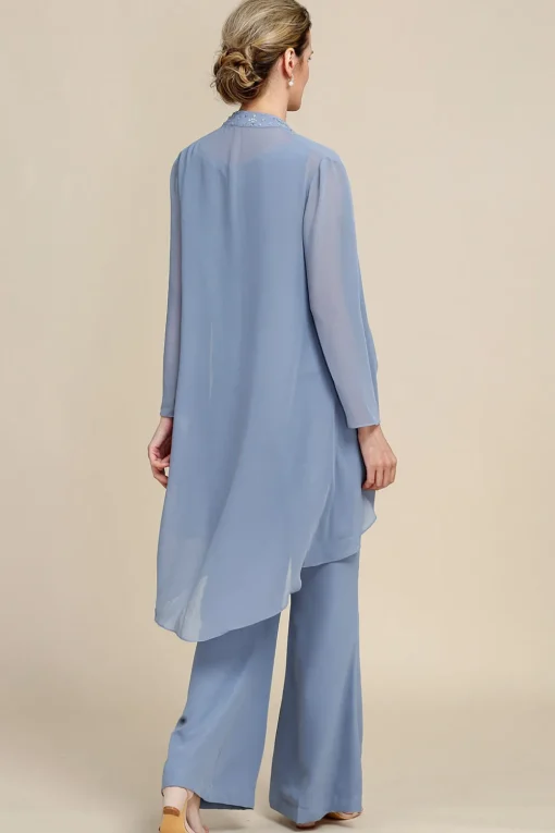 Grey Blue Long Sleeves 3 Piece Mother of the Bride Pant Suits
