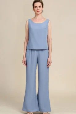 Grey Blue Long Sleeves 3 Piece Mother of the Bride Pant Suits