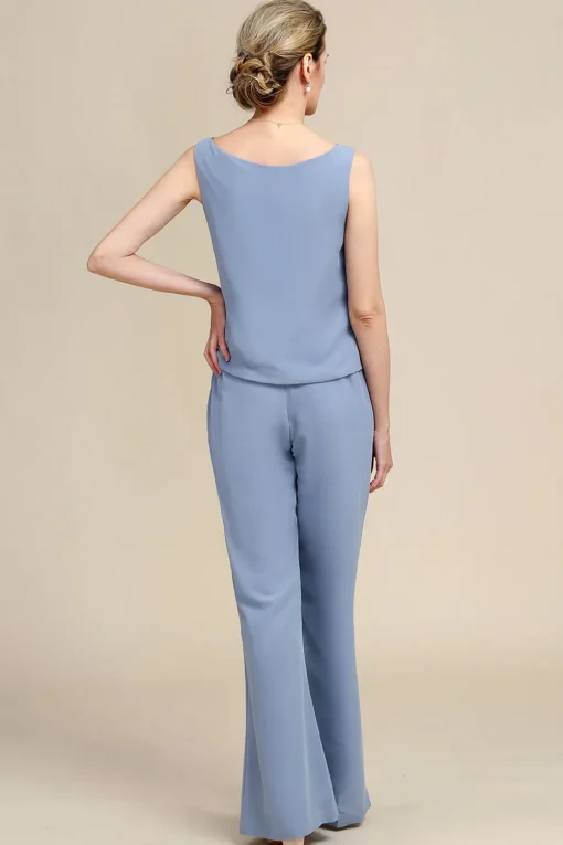 Grey Blue Long Sleeves 3 Piece Mother of the Bride Pant Suits