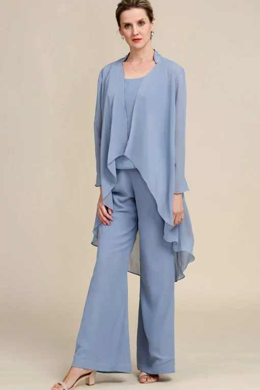 Grey Blue Long Sleeves 3 Piece Mother of the Bride Pant Suits