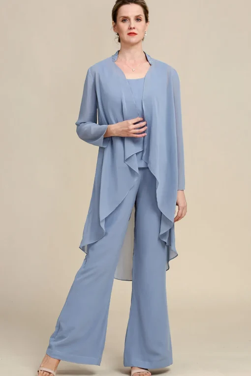 Grey Blue Long Sleeves 3 Piece Mother of the Bride Pant Suits