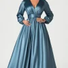 Grey Blue Satin V-Neck Mother of Bride Dress with Long Sleeves