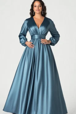 Grey Blue Satin V-Neck Mother of Bride Dress with Long Sleeves