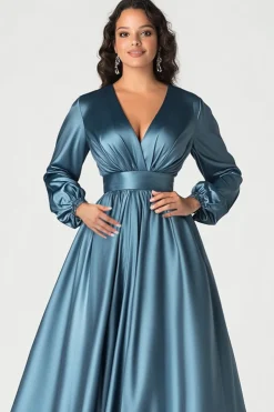 Grey Blue Satin V-Neck Mother of Bride Dress with Long Sleeves