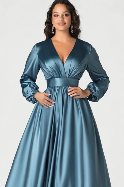 Grey Blue Satin V-Neck Mother of Bride Dress with Long Sleeves