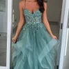 Grey Blue Sparkly Appliques Spaghetti Straps A Line Prom Dress