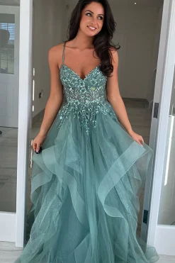 Grey Blue Sparkly Appliques Spaghetti Straps A Line Prom Dress