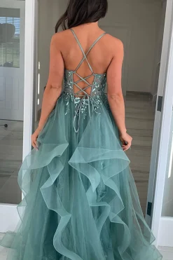 Grey Blue Sparkly Appliques Spaghetti Straps A Line Prom Dress