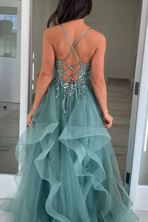 Grey Blue Sparkly Appliques Spaghetti Straps A Line Prom Dress