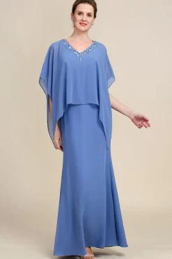 Grey Blue Sparkly Beaded Batwing Sleeves Mother of the Bride Dress