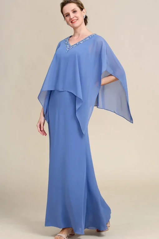 Grey Blue Sparkly Beaded Batwing Sleeves Mother of the Bride Dress