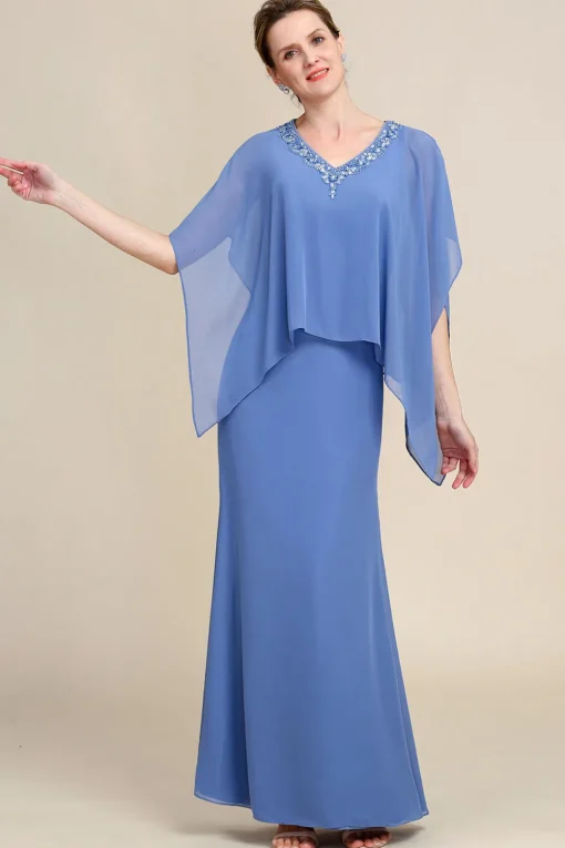 Grey Blue Sparkly Beaded Batwing Sleeves Mother of the Bride Dress