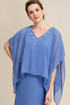 Grey Blue Sparkly Beaded Batwing Sleeves Mother of the Bride Dress