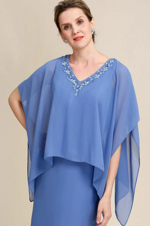 Grey Blue Sparkly Beaded Batwing Sleeves Mother of the Bride Dress