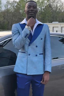 Grey Blue Sparkly Peak Lapel 2 Piece Men's Prom Suits