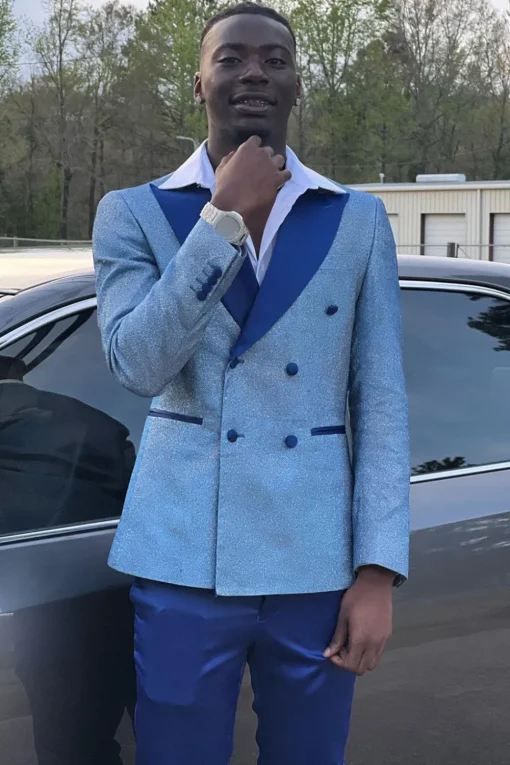 Grey Blue Sparkly Peak Lapel 2 Piece Men's Prom Suits