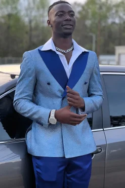 Grey Blue Sparkly Peak Lapel 2 Piece Men's Prom Suits