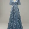 Grey Blue Tulle Embroidered A Line Prom Dress