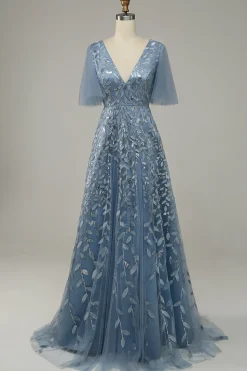 Grey Blue Tulle Embroidered A Line Prom Dress