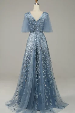Grey Blue Tulle Embroidered A Line Prom Dress