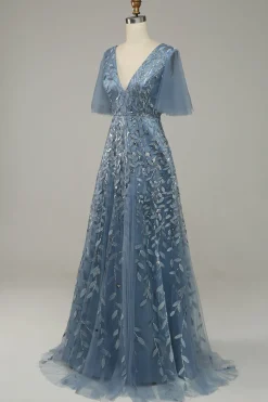 Grey Blue Tulle Embroidered A Line Prom Dress