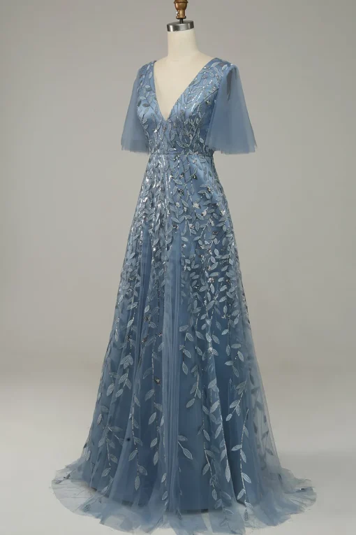 Grey Blue Tulle Embroidered A Line Prom Dress