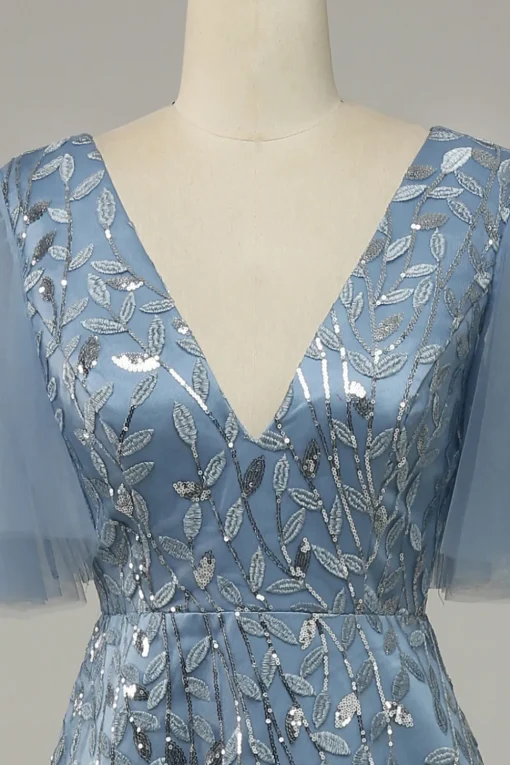 Grey Blue Tulle Embroidered A Line Prom Dress
