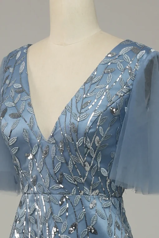 Grey Blue Tulle Embroidered A Line Prom Dress